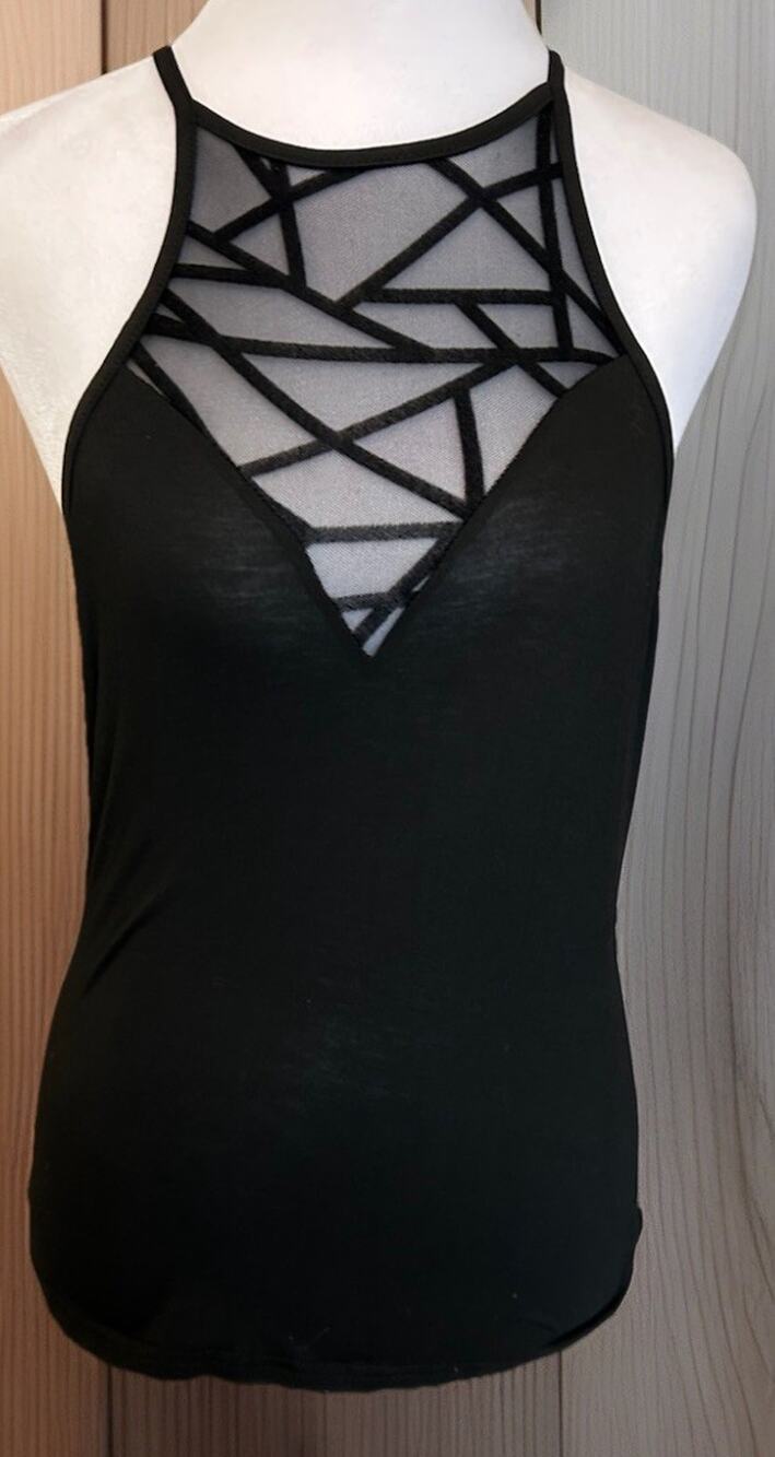 Women Sleeveless Halter Top Geo Print Contrast Sheer Black Top Cami Club Party M